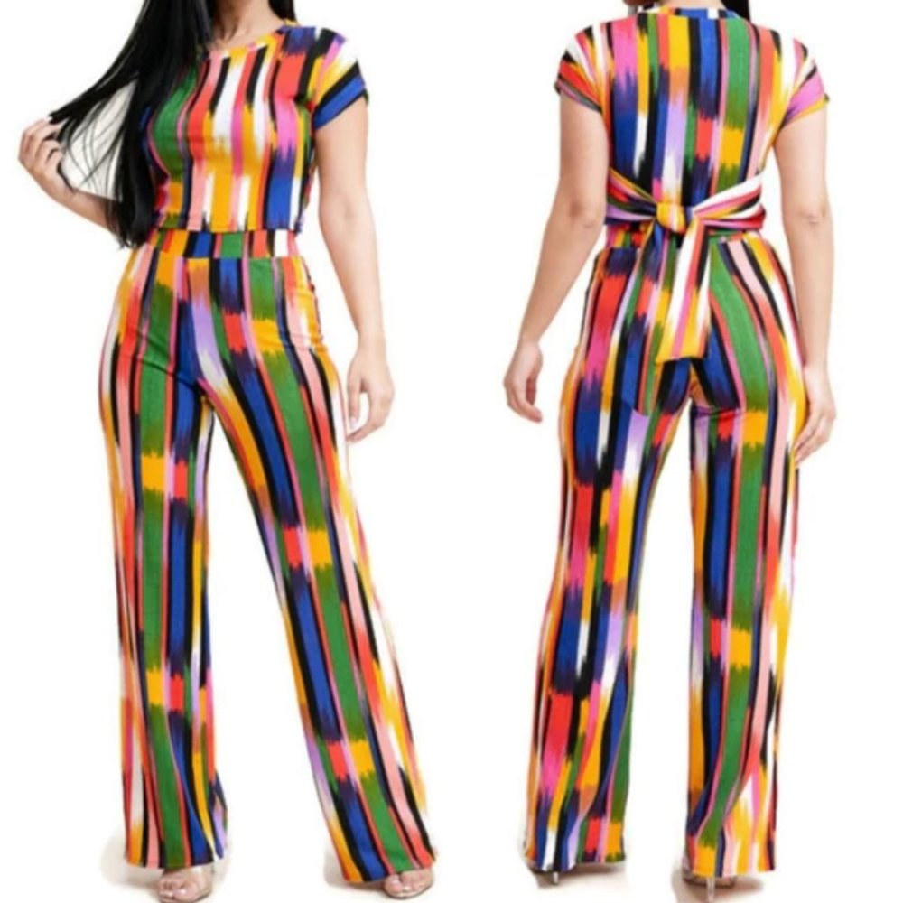 Summer No Static Multi Color Crop Top Bow Tie Pant Set